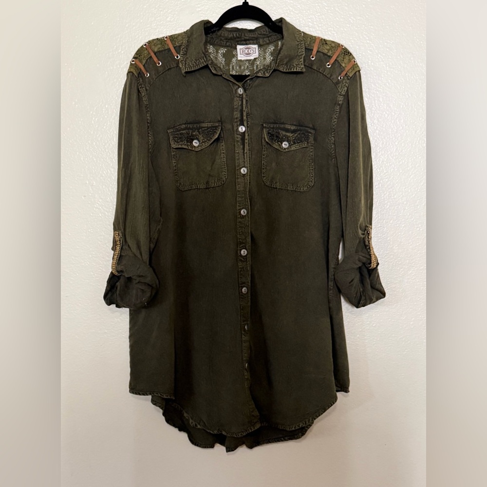 Rod's Western Palace Olive Green Lace Embroidered Tunic Shirt - Large